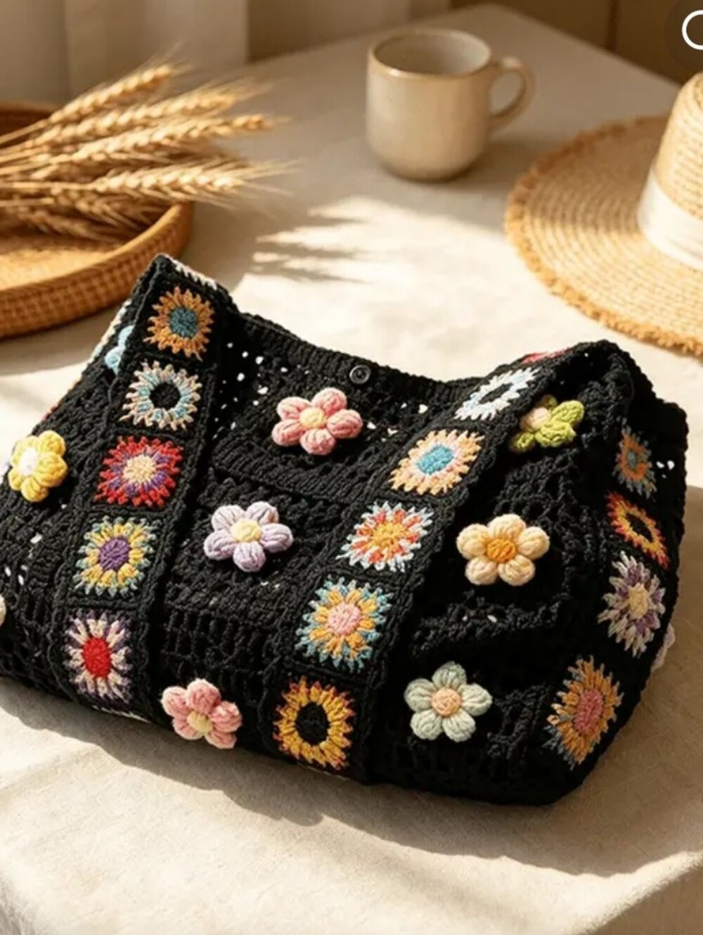 Colorful Bohemian Knit Crochet Flower Embellished HandBag